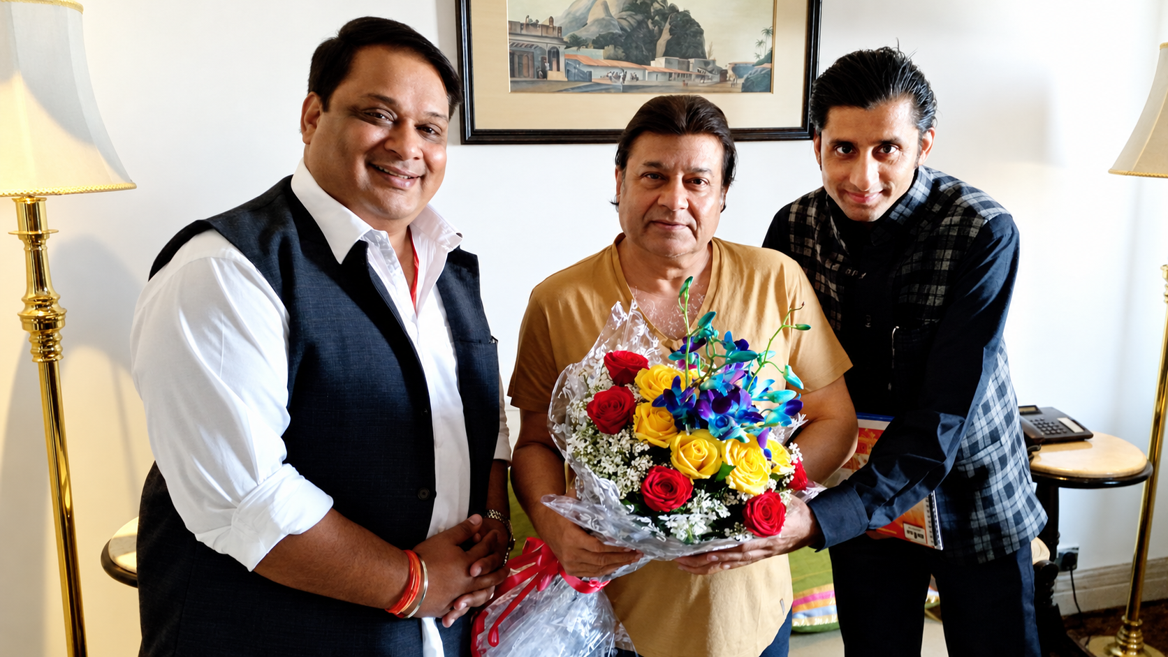 Foundation members welcoming an artist with flowers