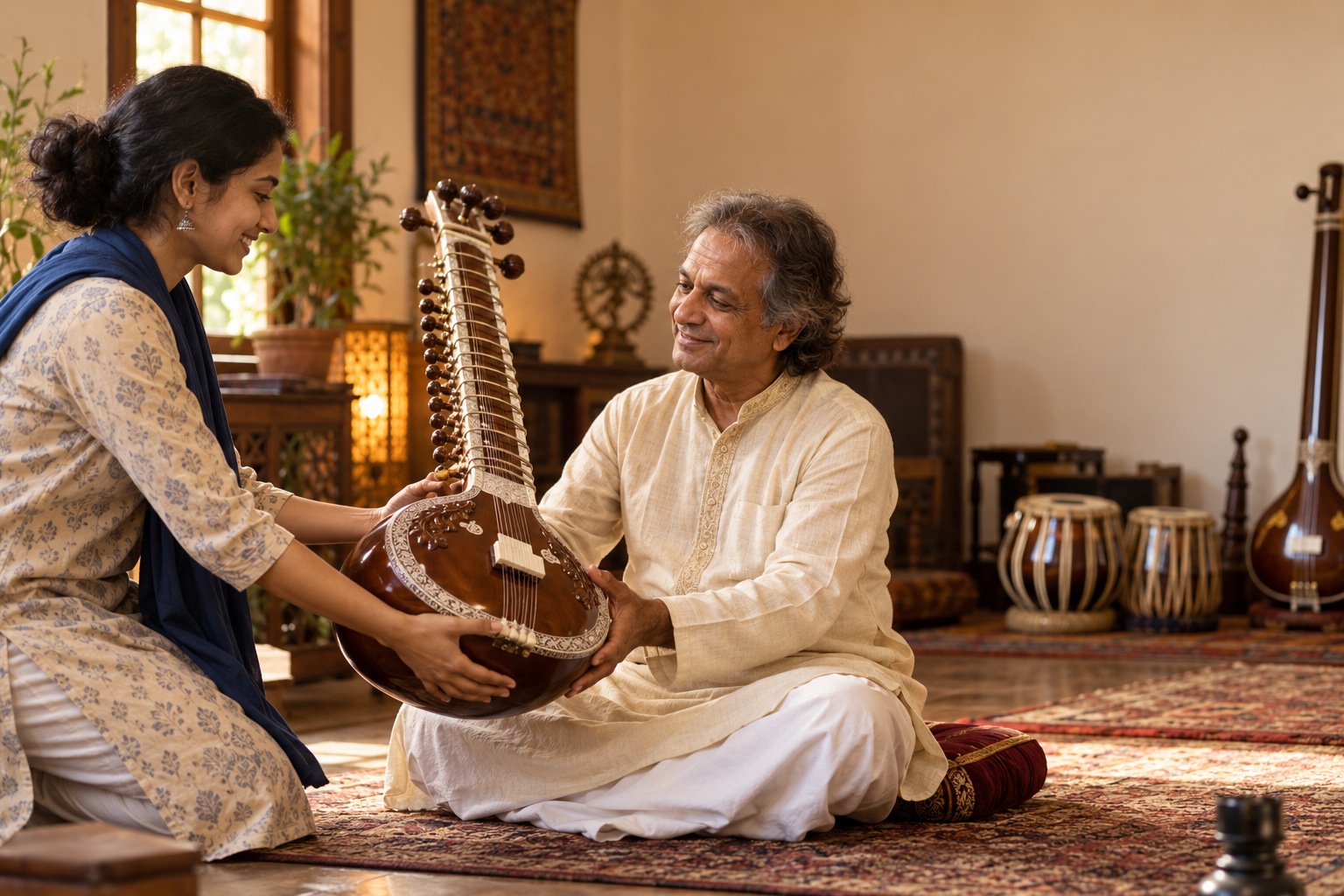 An artist receiving a donated sitar from a volunteer
